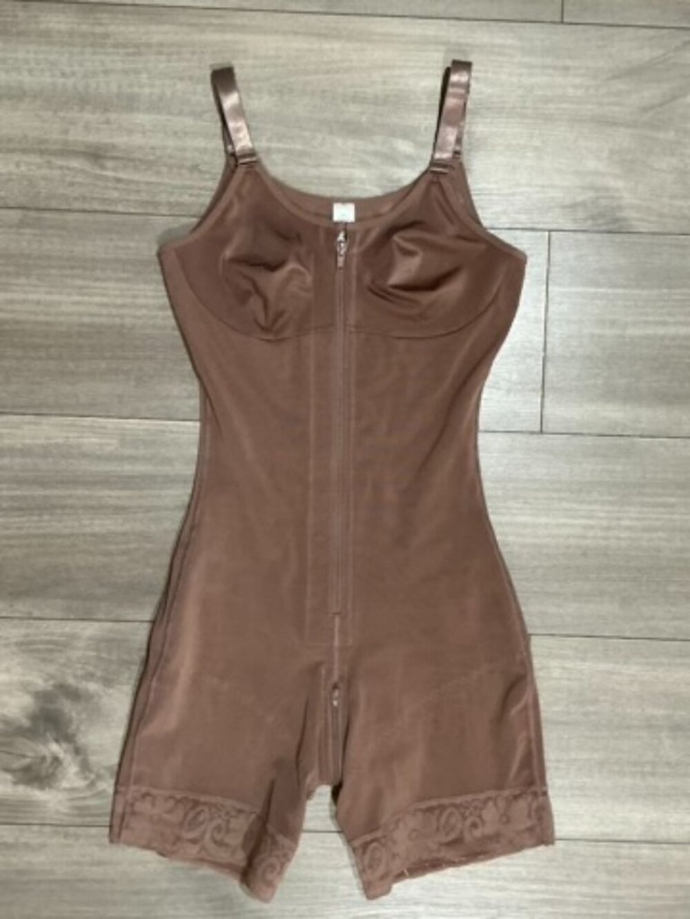 NWOT Mocha Brown Body Shaper - Mid-Thigh, Front Zip, Lace Trim
